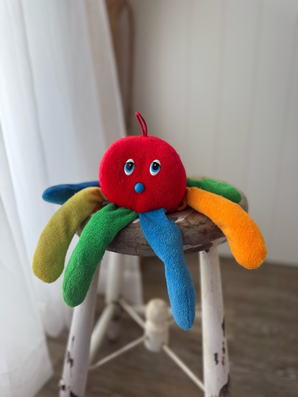 Vintage Eden Octopus Chime Rattle Primary Rainbow Terrycloth Plush Baby Lovey